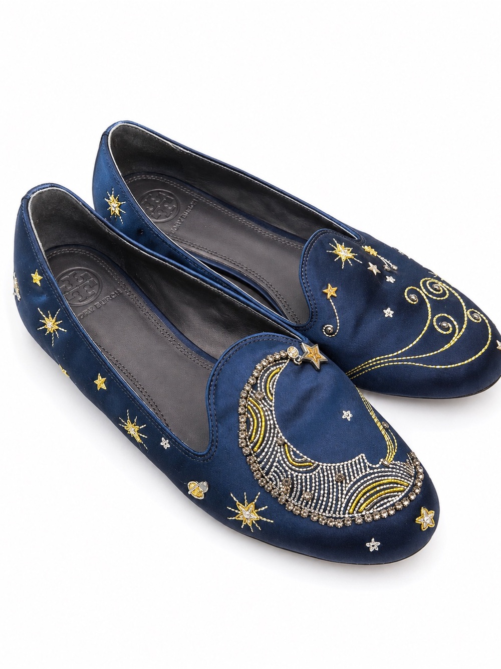 Tory Burch Olympia Celestial Embroidered Satin Loafers Navy Starry Night Size 7